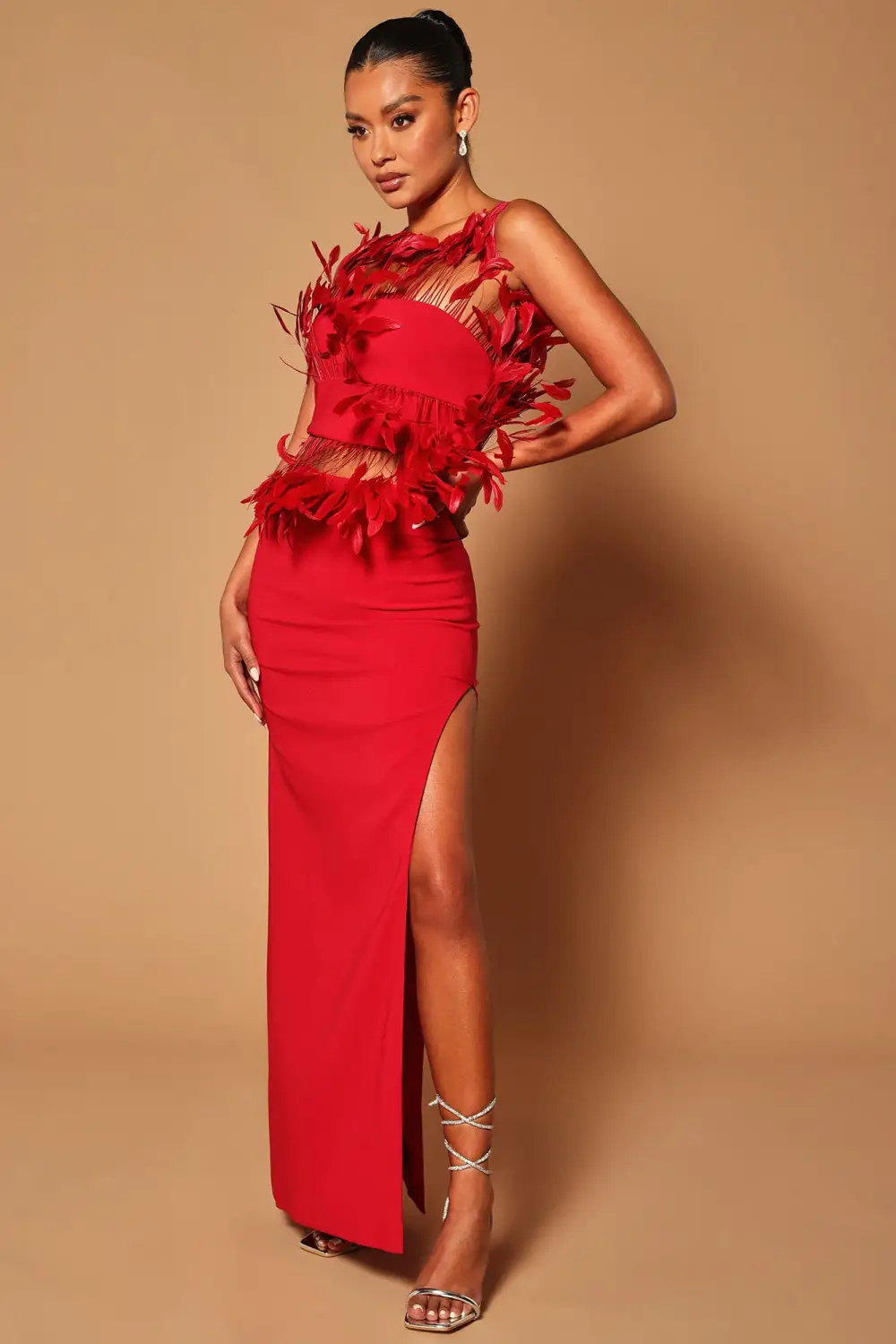 Nicola Feather Midi Skirt Set - Red