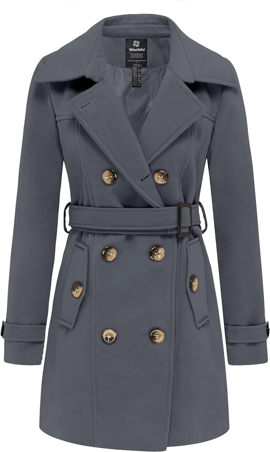 Women's Double Breasted Pea Coat Winter Mid-Long Trench Coat with Belt
