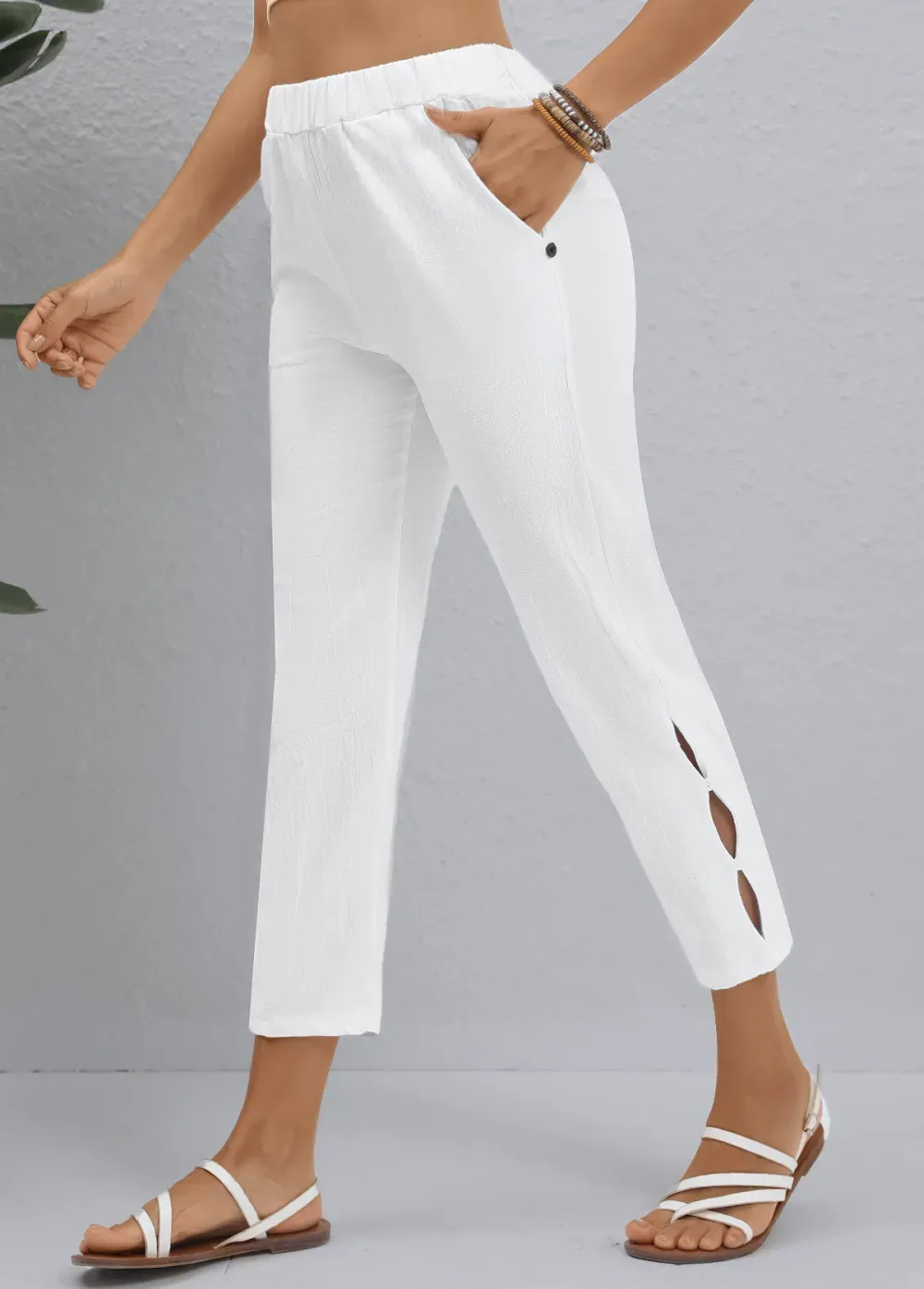 White Button Elastic Waist High Waisted Pants