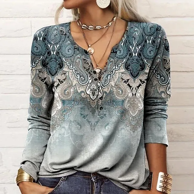 Women's Plus Size Shirt Blouse Black Pink Wine Paisley Color Gradient Vintage Button Print Long Sleeve Daily Casual V Neck Regular Fit Fall & Winter