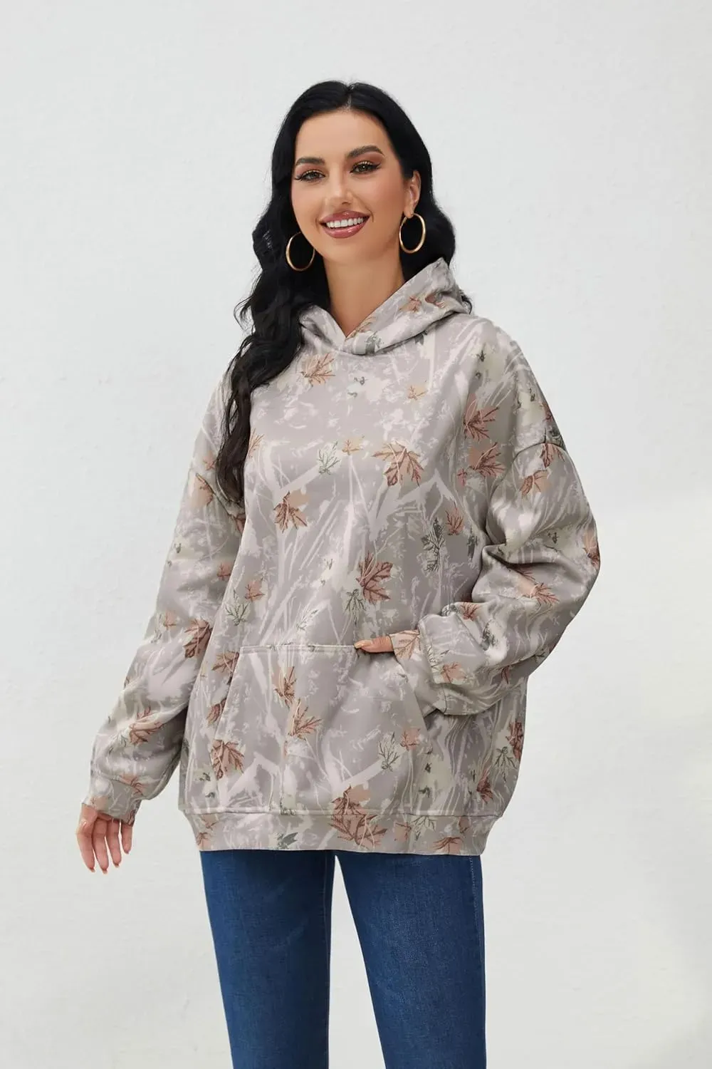 Womens Camo Hoodies Maple Leaf Print Oversized Hooded Sweatshirt Fleece Pullover Sweatshirts Long Sleeve with Pocket
