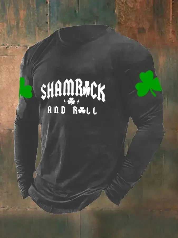 Men's St. Patrick’s Day Shamrock And Roll Print Casual Long Sleeve T-Shirt