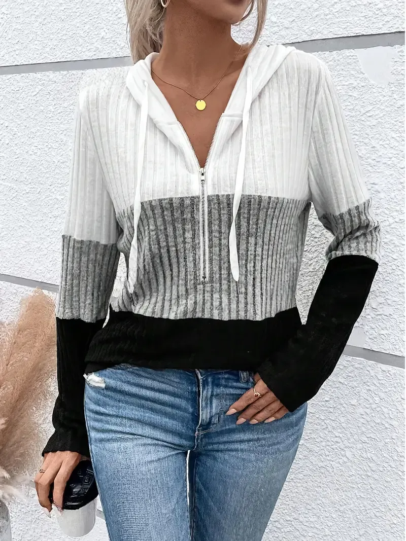 Women's Casual Color Block Zip-Up Hoodie with Drawstring - Ribbed Texture, Long Sleeves, Machine Washable, Polyester & Spandex Blend, Ideal for Spring/Fall, Oversized Hoodie