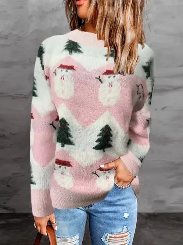 Women's Ugly Christmas Sweater Pullover Sweater Jumper Crew Neck Ribbed Knit Polyester Knitted Fall Winter Tunic Outdoor Christmas New Year Stylish Casual Soft Long Sleeve Snowman Xmas Tree Pink