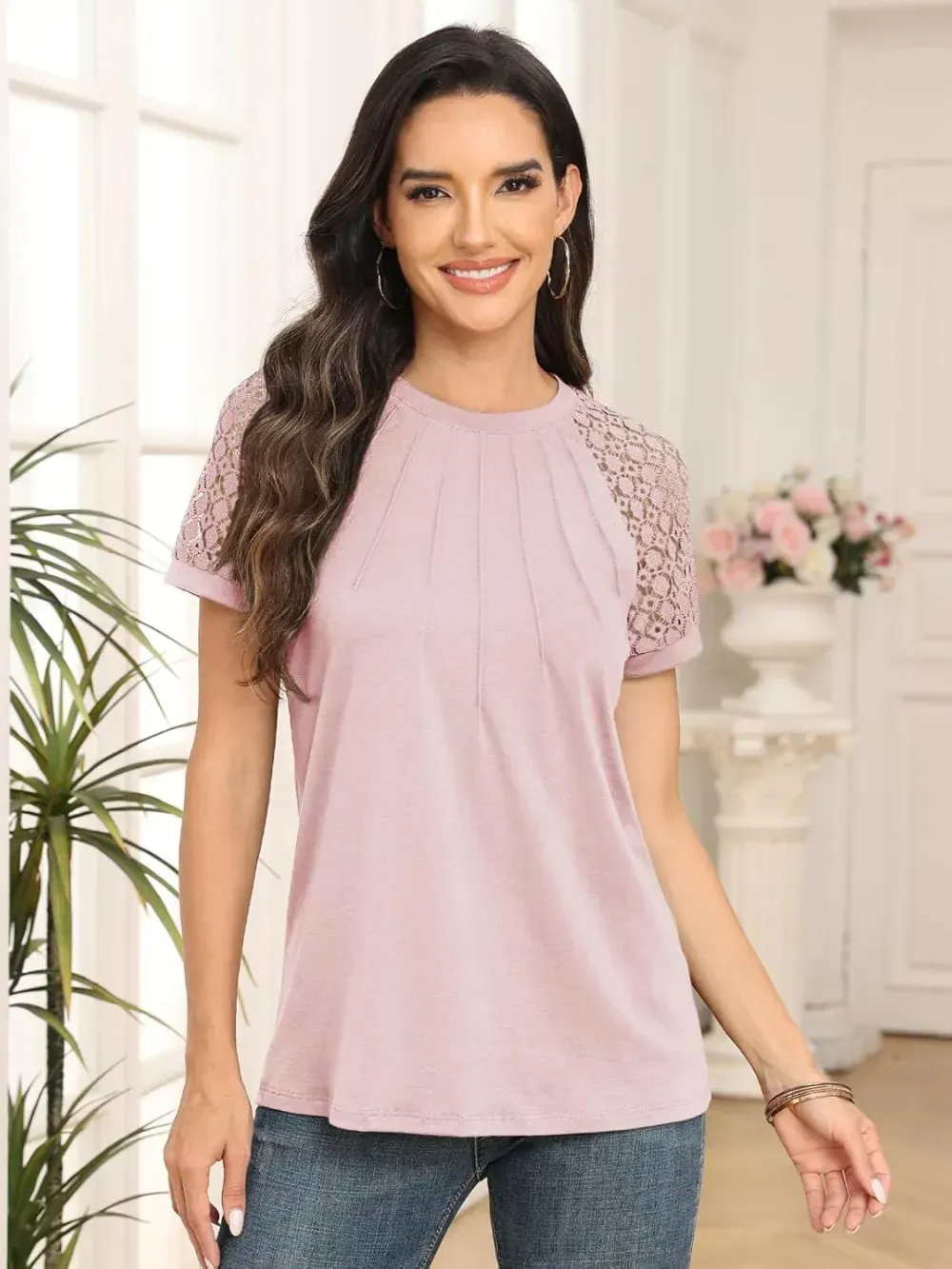 AUTOMET Womens Tshirts Trendy Fashion Tops Lace Short Sleeve Business Tee Shirts Casual Knitted Blouses Summer Outfits 2024