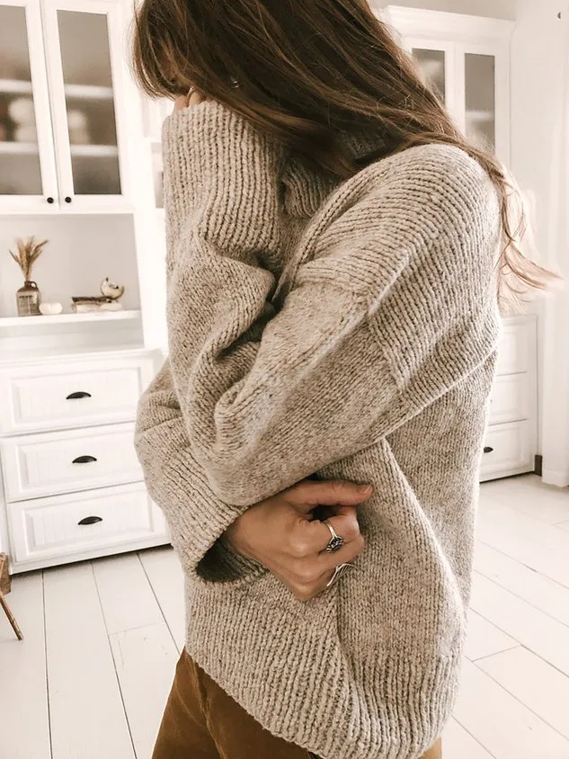 High Neck Long Sleeve Solid Classic Knitting Pattern Sweater