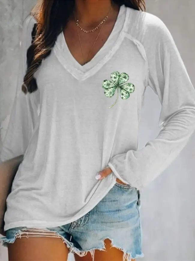 Women's St. Patrick's Day You Had Me At Day Drinking Print V-Neck Long Sleeve T-Shirt