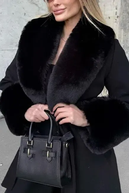 Women's Fashion Warm Fur Lapel Long Woolen Coat