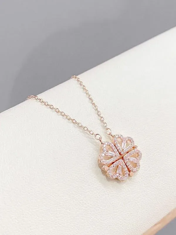 Women's Rhinestone Heart Clover Pendant Necklace