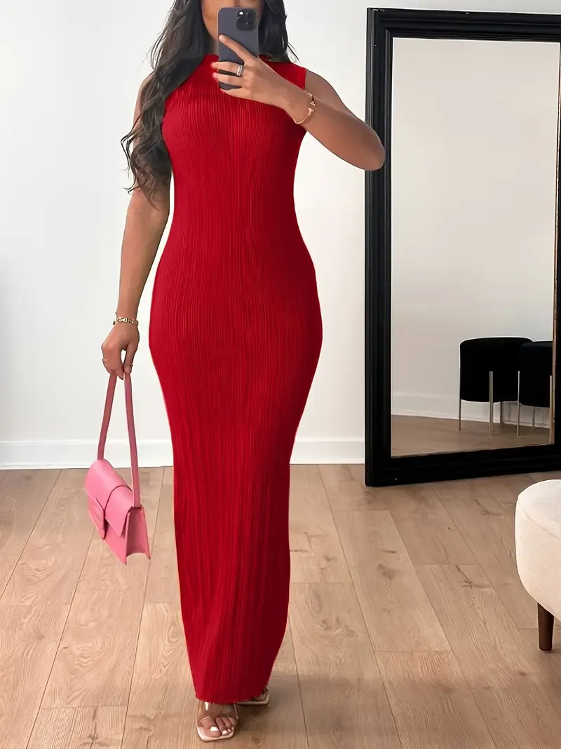 Women's Summer 2023 Fashion Casual Knit Sleeveless Crew Neck Bodycon Pencil Dress, Polyester 95% Spandex 5%, Solid Color Long Length Skinny Fit