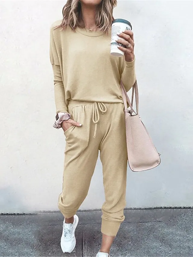 Women's Lounge Sets Crew Neck Long Sleeve Shirt and Elastic Waist Pants with Pockets Pure Color Fashion Casual Soft Home Daily Bed Polyester Breathable Summer Autumn Black Pink