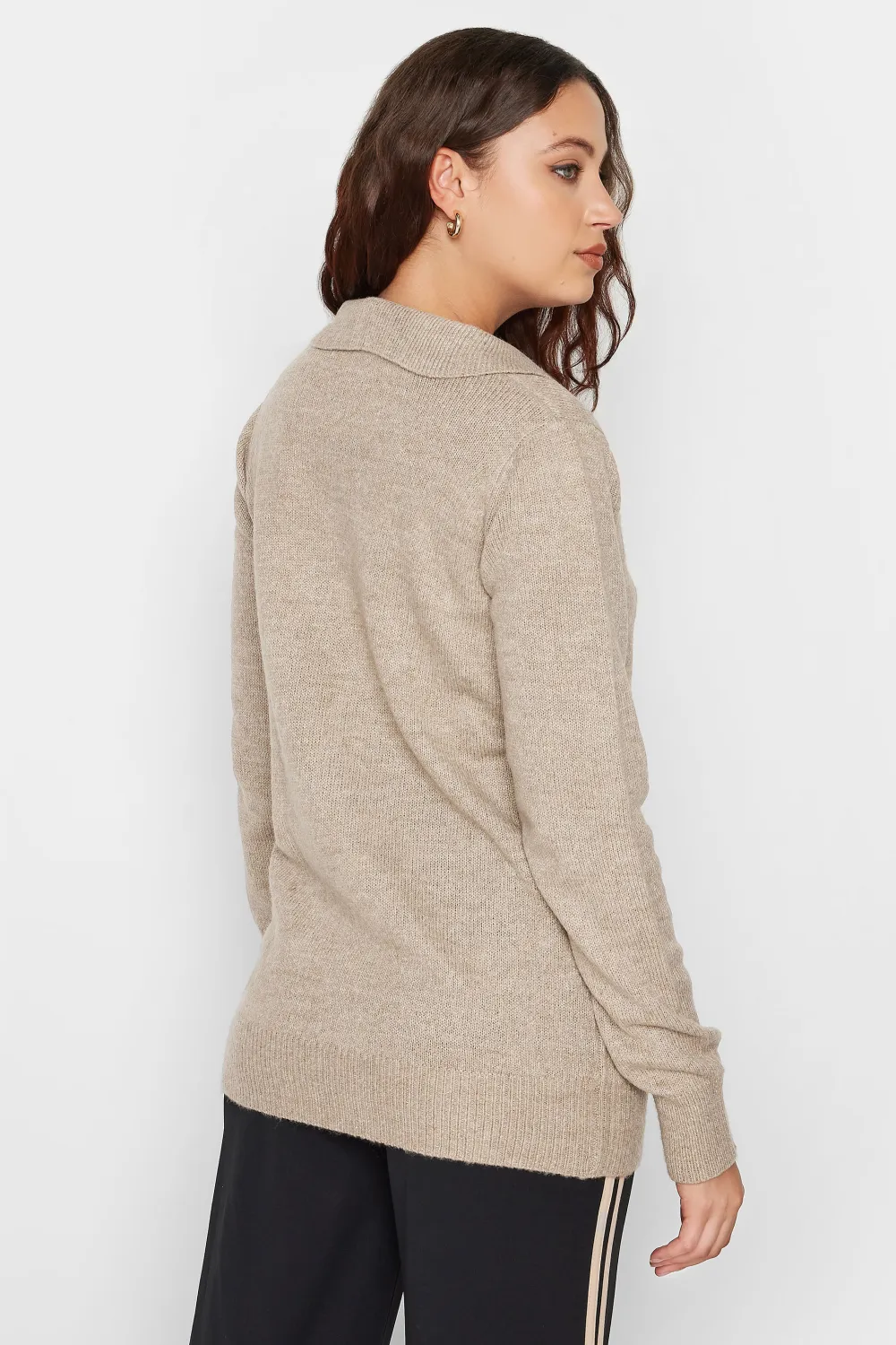 LTS Tall Beige Brown Open Collar Jumper