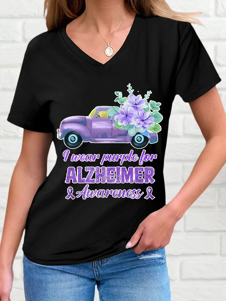 Women'S V-Neck Short-Sleeved T-Shirt I Wear Purple For Alzheimer Awareness Prints