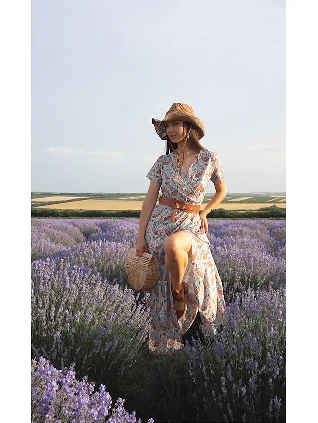 Women's Wrap Dress Maxi long Dress Red Brown Short Sleeve Floral Print Split Ruffle Boho Dress Spring Summer Dress V Neck Elegant Vintage 2023 S M L XL XXL 3XL