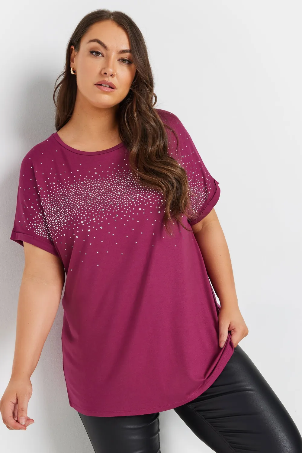 YOURS Curve Burgundy Red Diamante Detail T-Shirt