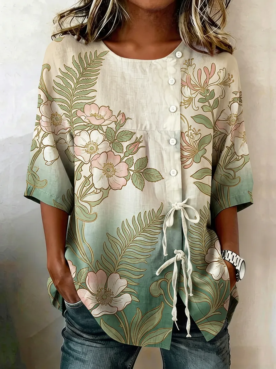 Women's Nashville Botanical Floral Fern Printed Button-Up Shirt