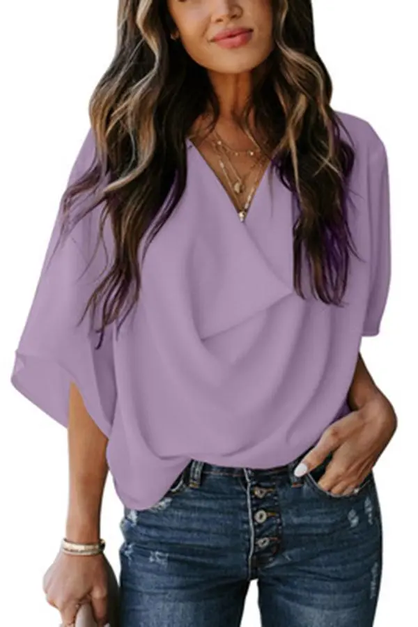 Solid Draped V-neck Half Sleeves Casual Blouse