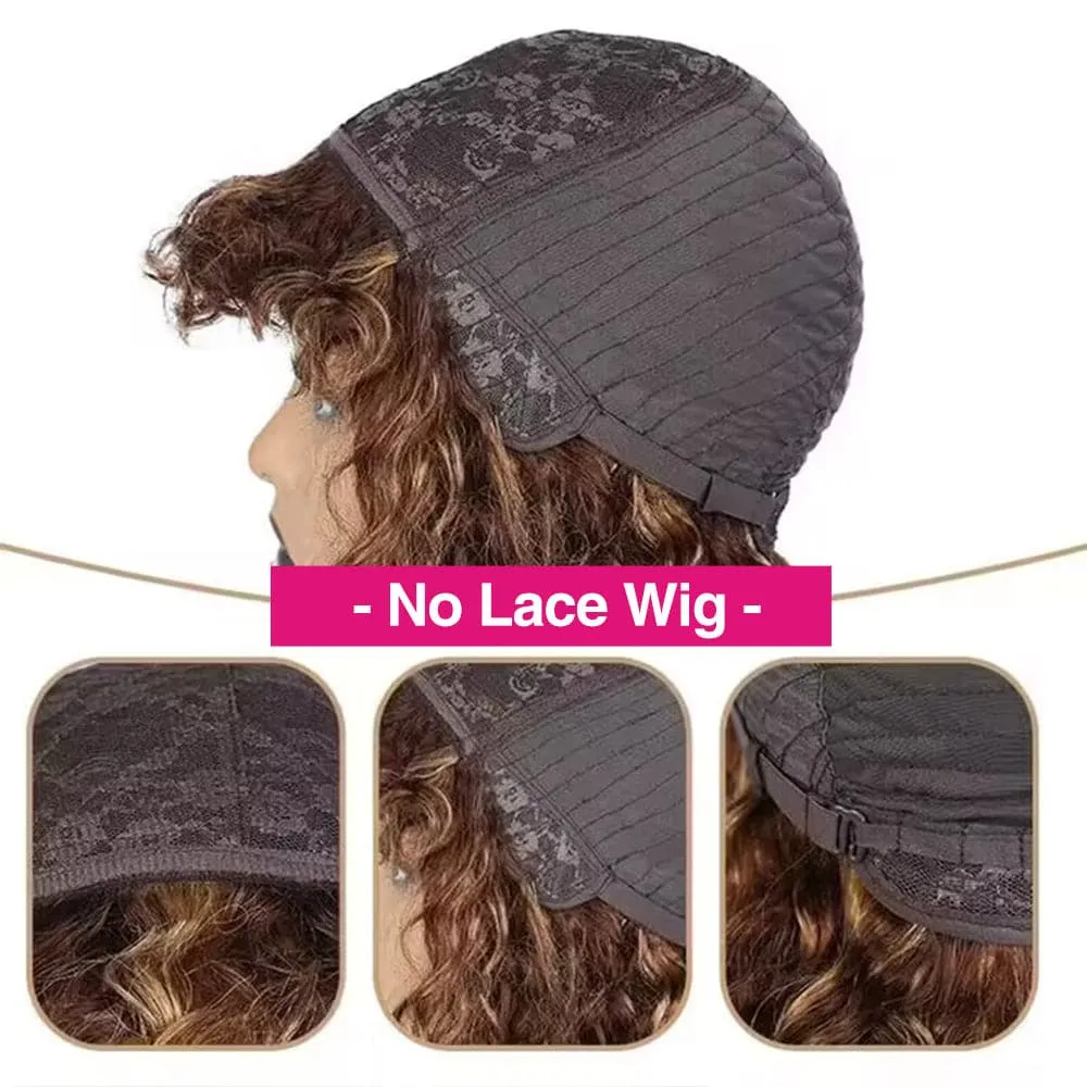 Balayage Highlight Brown Color Water Wave Bob Wig with Bangs Sterly Hair