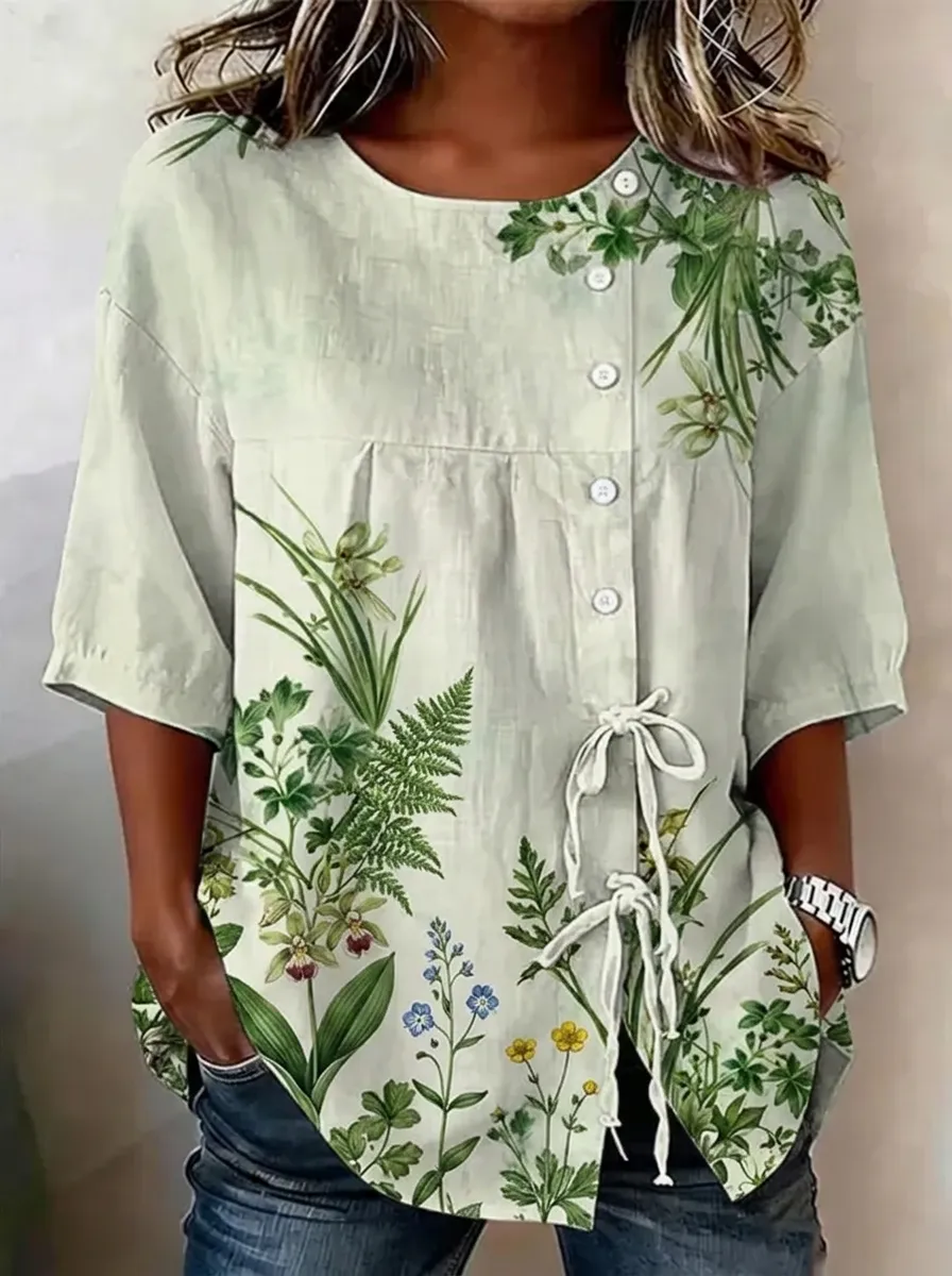 Women's Nashville Botanical Fern Floral Printed Button-Up Top