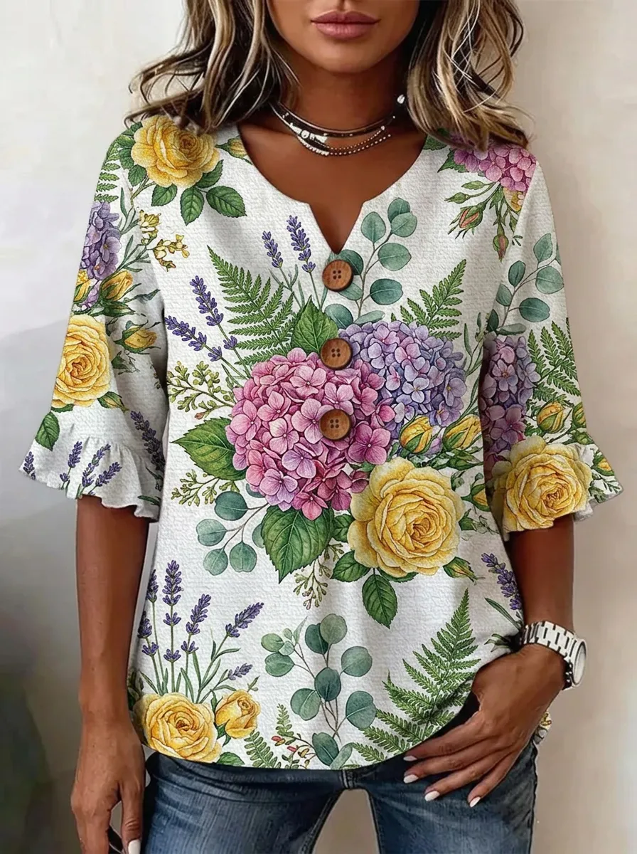 Women's Nashville Floral Hydrangea Rose Printed V-Neck Top