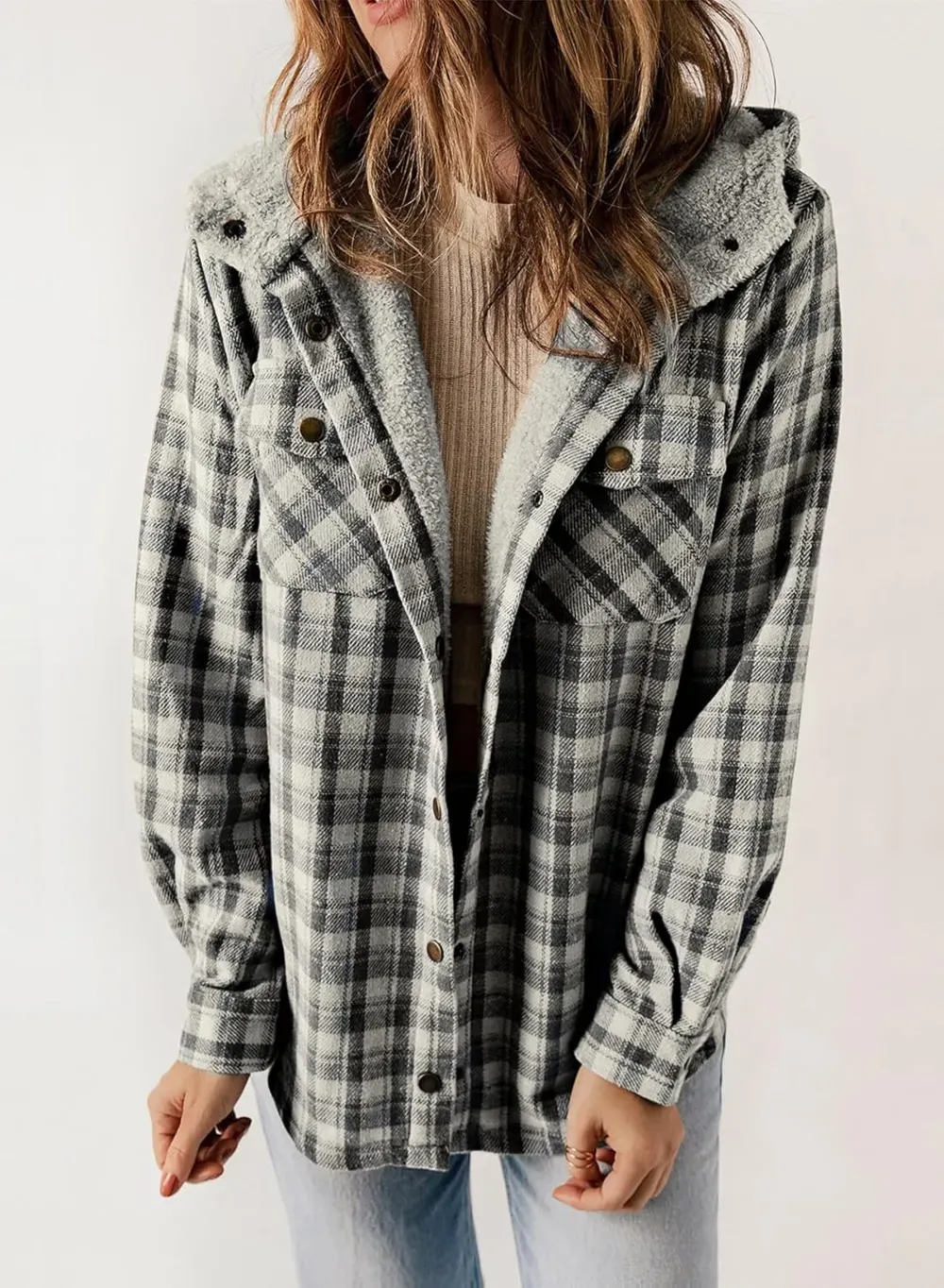 Womens Plaid Shacket Jacket Long Sleeve Button Down Fleece Hooded Jackets Warm Coat