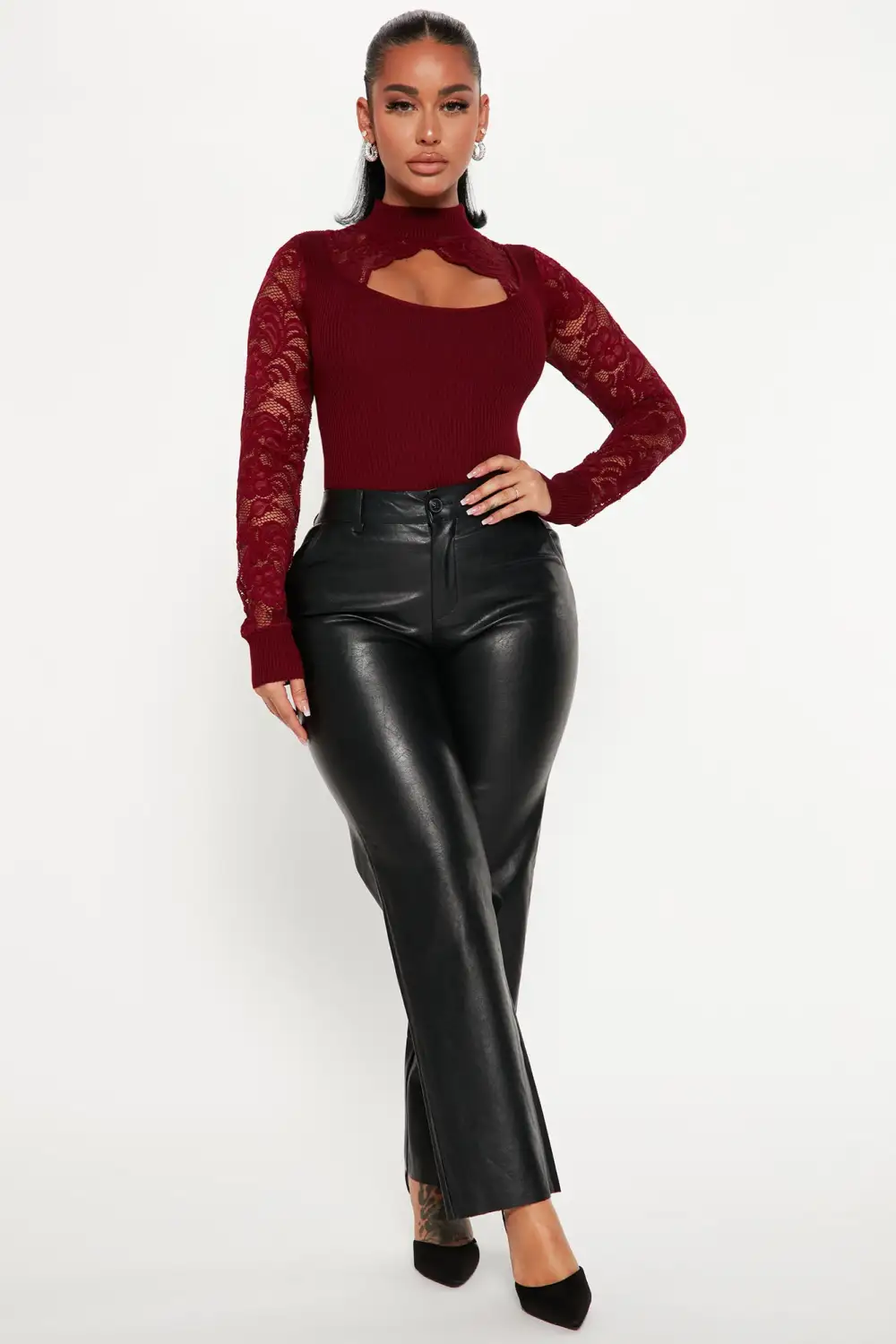 Love And Lace Mock Neck Sweater - Burgundy