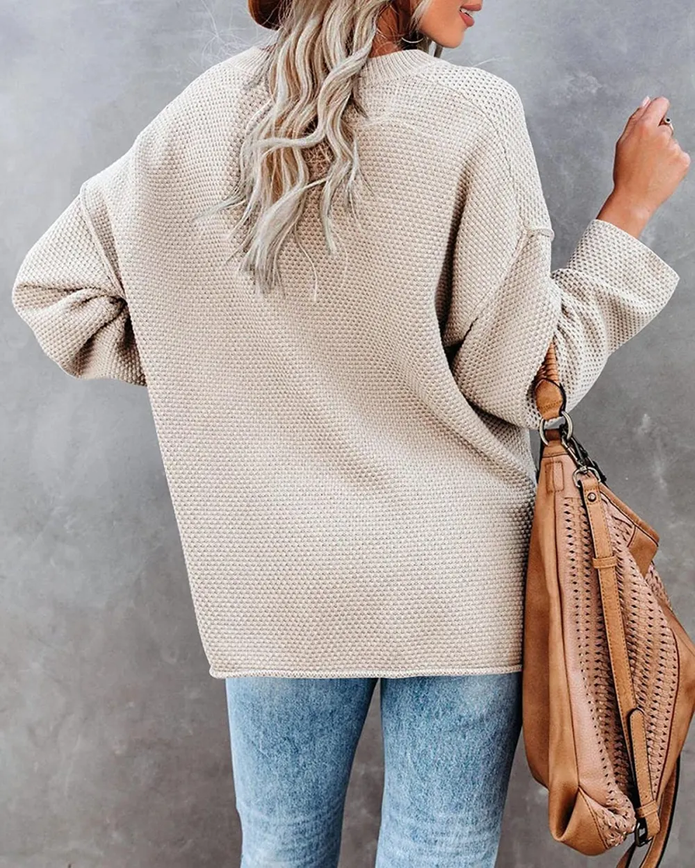 Women's Oversized Sweaters Batwing Long Sleeve Loose V Neck Button Henley Tops Pullover Knit Jumper