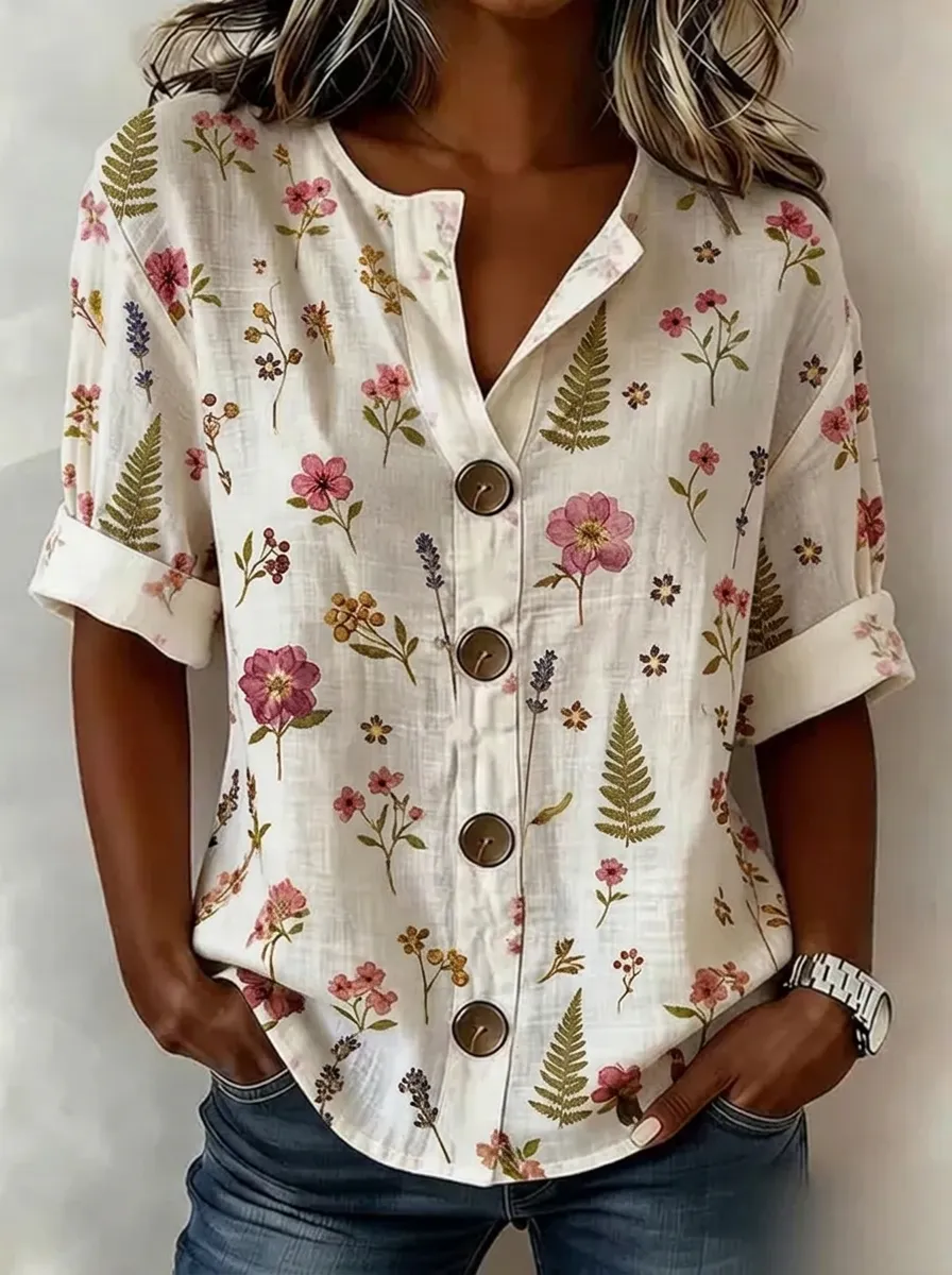 Women's Nashville Botanical Floral Fern Printed Button-Up Shirt