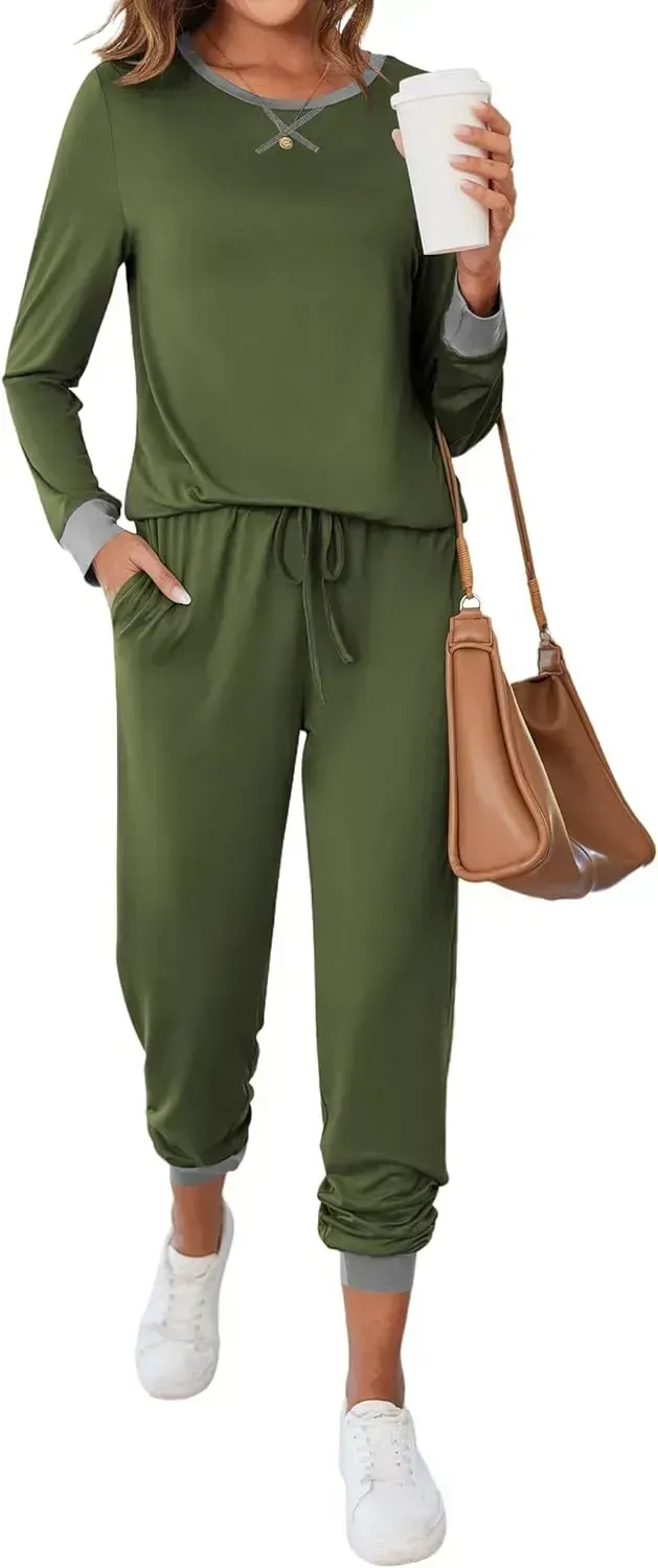 Women's Pajamas Sets Long Sleeve with Plaid Pants Soft Sleepwear O Neck 2 Piece Pjs Joggers Loung Set with Pockets