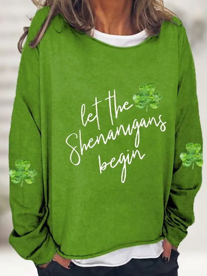 Women's Let The Shenanigans Begin Lucky Shamrock Casual Long-Sleeve T-Shirt
