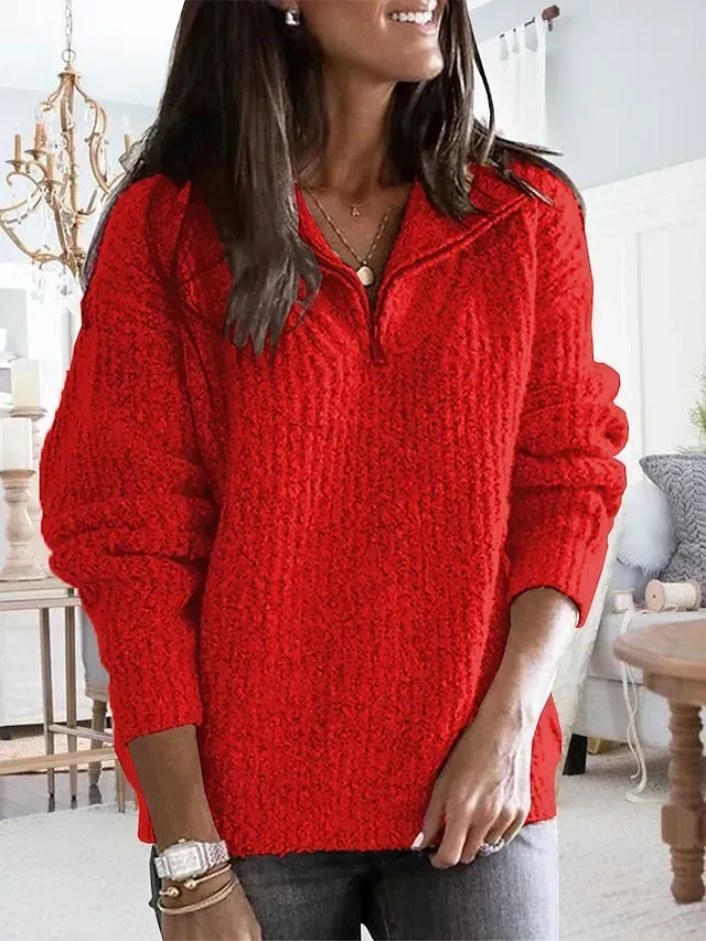 Women‘s Christmas Zip Sweater Shirt Collar Ribbed Knit Polyester Zipper Knitted Fall Winter Regular Outdoor Xmas Holiday Going out Stylish Casual Soft Long Sleeve Pure Color Red Blue S M L