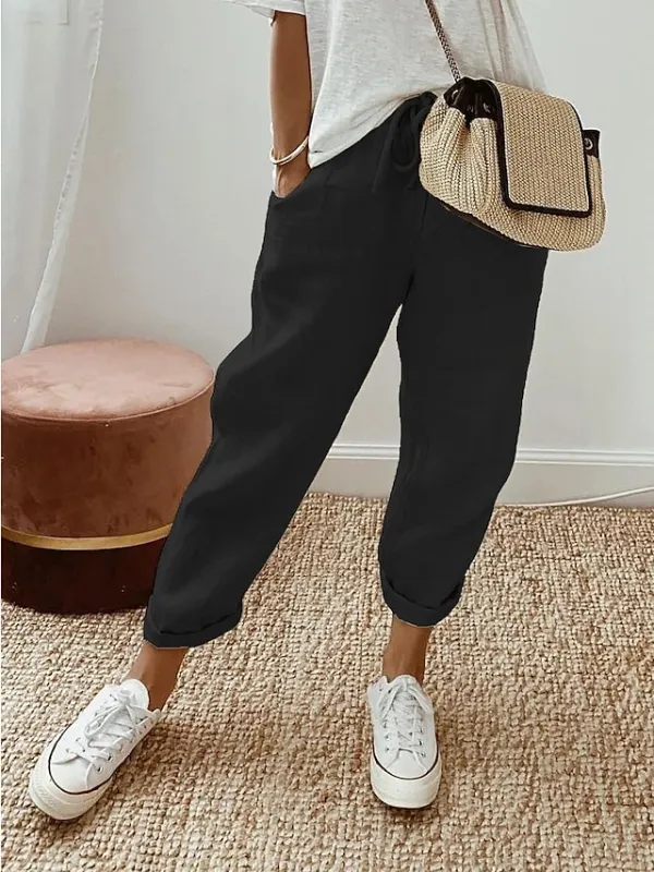 Women's Linen Pants Pants Trousers Baggy Cotton Plain Maillard Side Pockets Baggy Full Length Fashion Casual Daily Black White S M