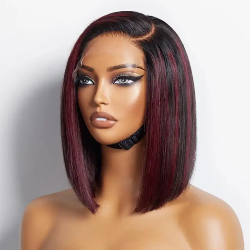 Sterly Dark Red Highlights Silky Blunt Cut Straight Bob Wig