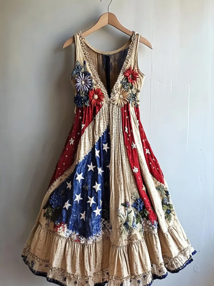 Women's Retro Independence Day Sunflower Patchwork Art Casual Linen Midi Dress