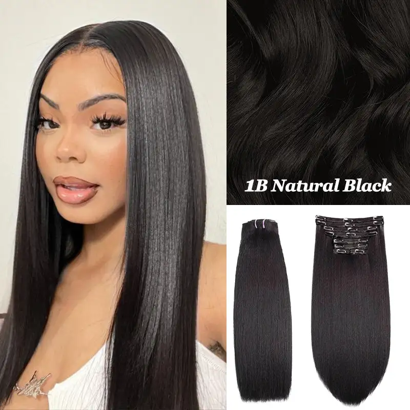 Double Drawn Yaki Straight Clip In Hair Extensions Human Hair Clip Ins 120g 8pcs With 18 Clips