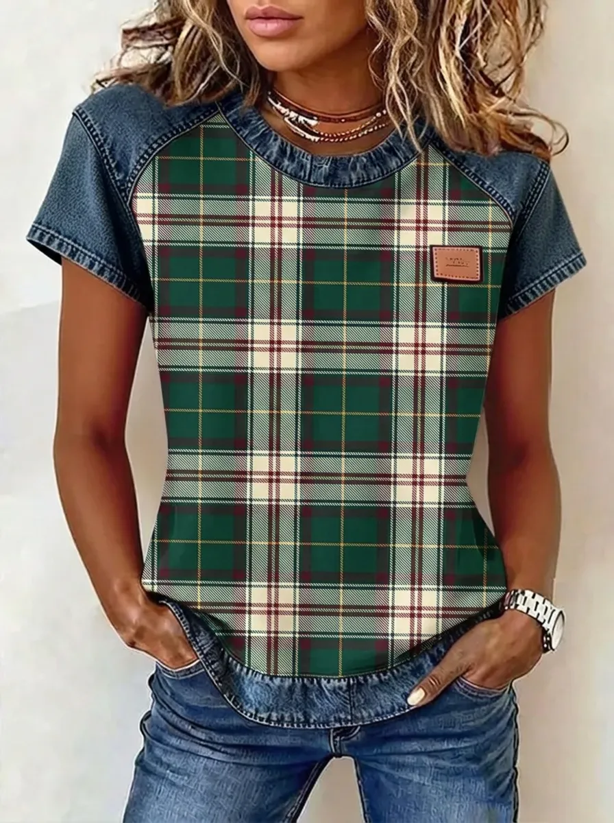 Women's Nashville Country Style Green Plaid Printed T-shirt