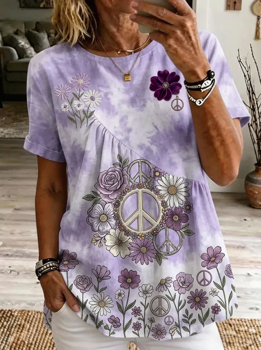 Women's Nashville Floral Peace Sign Tie-Dye Printed T-shirt