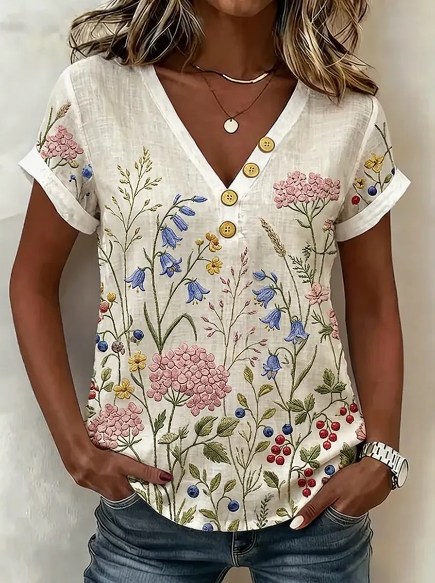 Women's Nashville Floral Botanical Embroidered V-Neck Buttoned Top