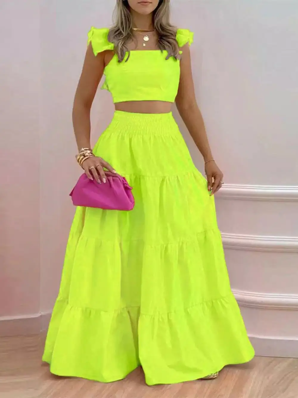 Crop Top Tiered Maxi Skirt Set