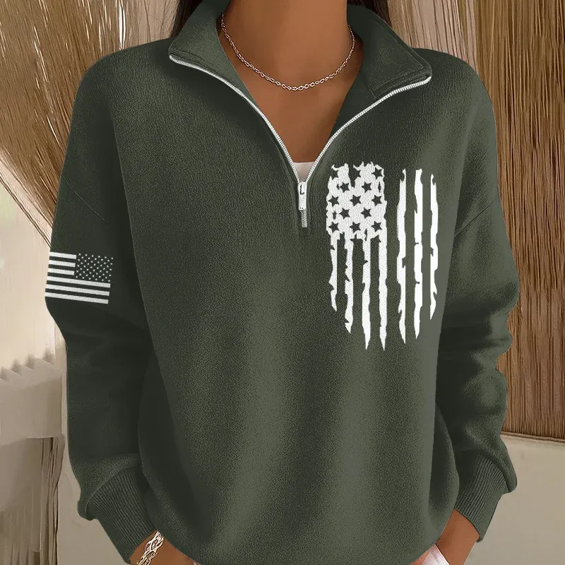Women's Veteran Art Print Casual Zip-Up Sweatshirt