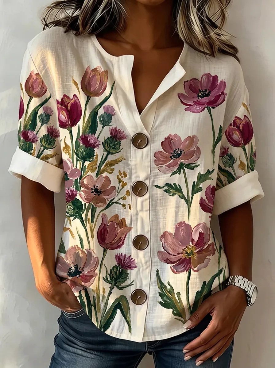 Women's Nashville Floral Botanical Printed Button-Up Shirt
