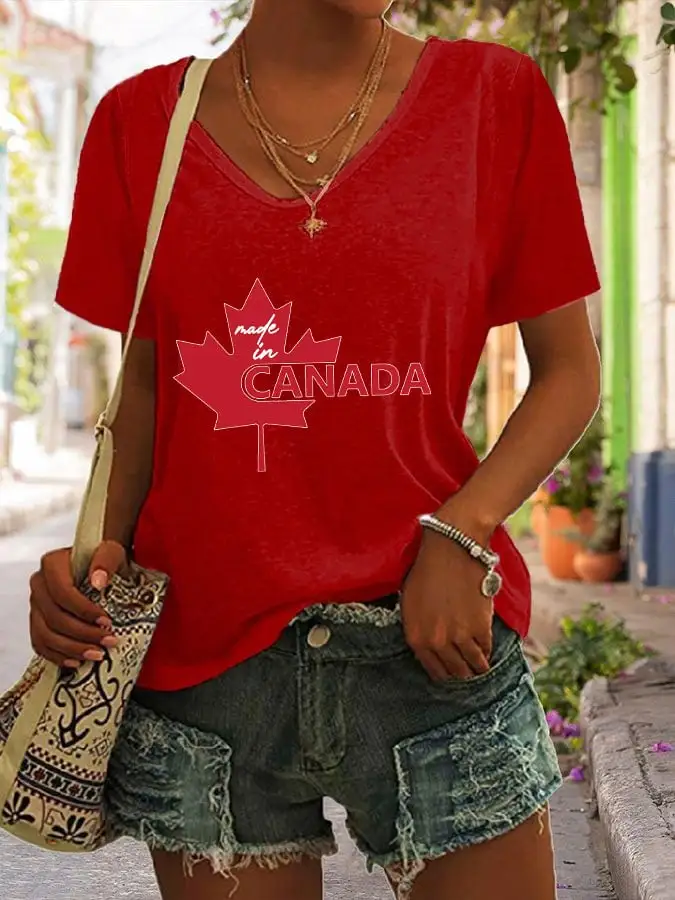 Women's Canadian Maple Leaf Print V-Neck T-Shirt