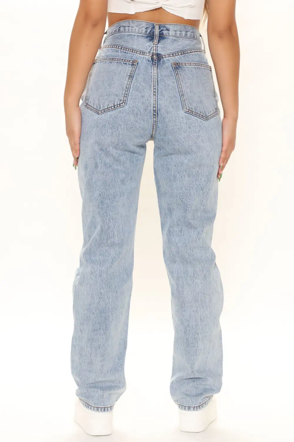 Distressed Crossover Straight Leg Jeans - Light Blue Wash
