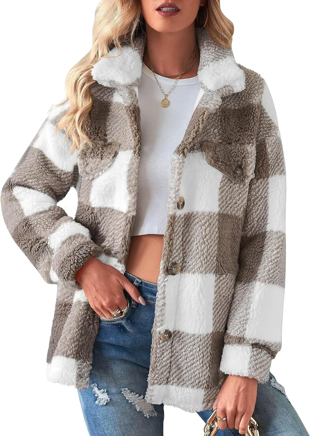 Women's Fleece Plaid Jacket Coats Button Down Lapel Sherpa Shacket Outwear with Pockets