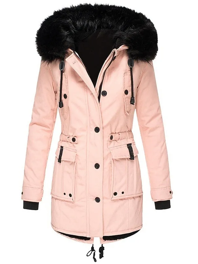 Women's Parka Winter Coat Mid-Length Puffer Jacket with Fur Collar Thermal Warm Heated Jacket Fleece Lined with Pockets Zip up Drwastring Hooded Outerwear Long Sleeve Fall Light Yellow Light Pink