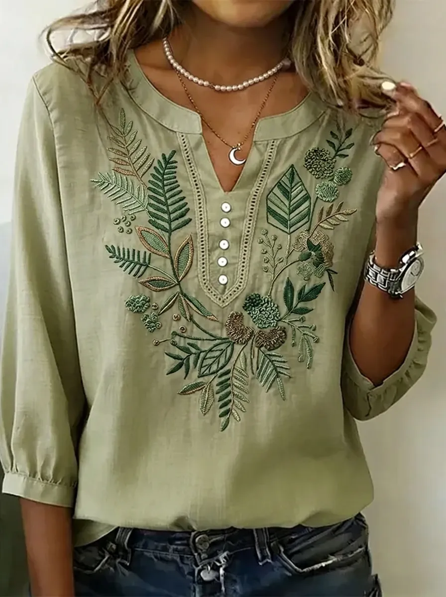 Women's Nashville Botanical Leaf Embroidered Printed Top