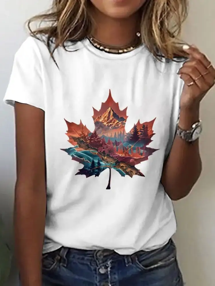 Women'S Scenic Autumn Landscape Featuring Canadian Maple Leaves Print T-Shirt