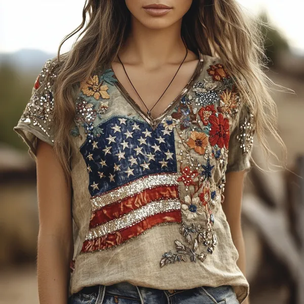 Boho Vintage Sequin Floral Independence Day Women's V-neck T-shirt