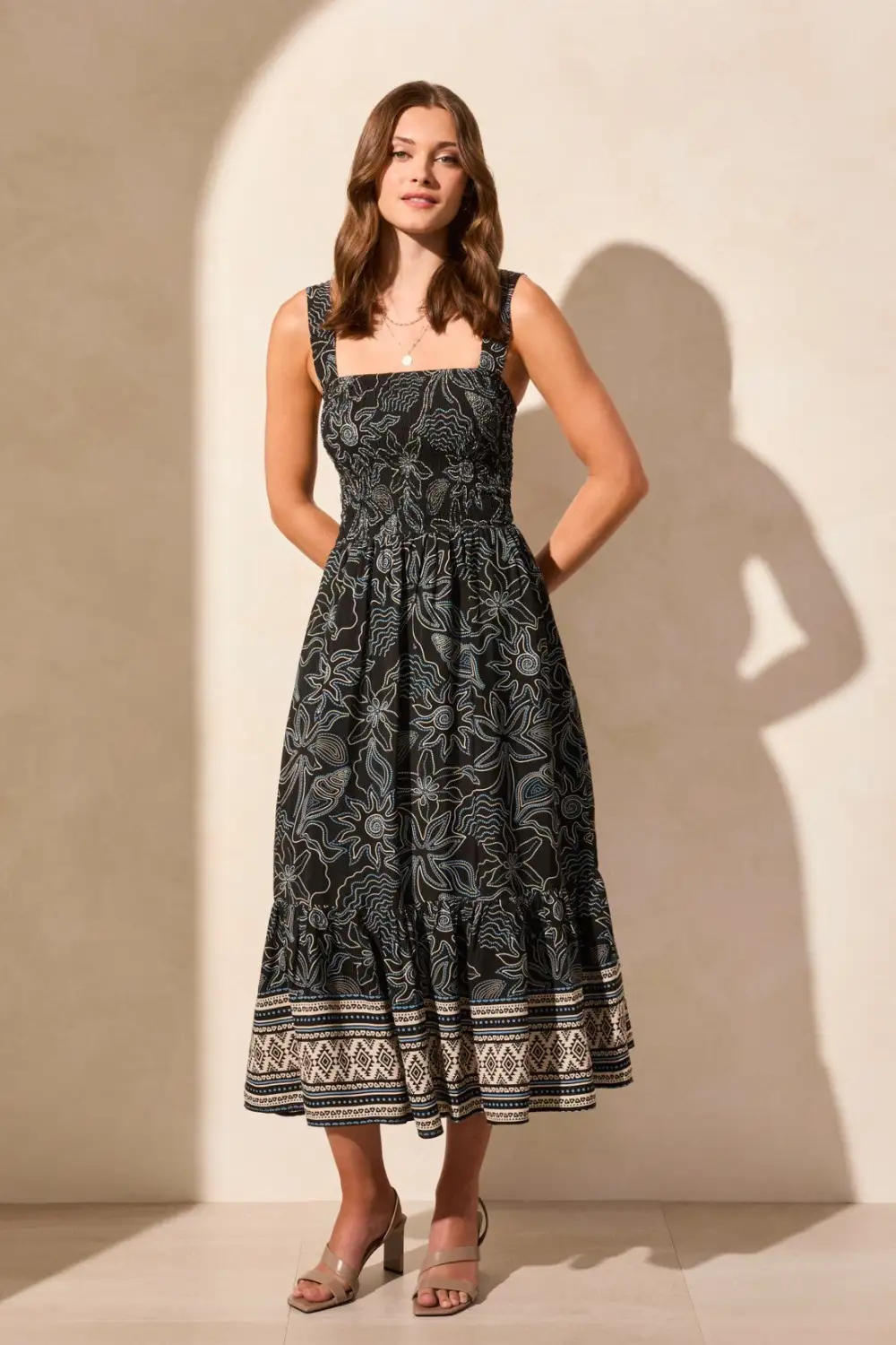 Printed Crepe Ruched Square Neck Sleeveless Dress-Deep Sea