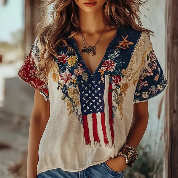 Women's Flag Floral Print V-neck T-shirt
